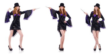 Güzel kız mor karnaval giyim ve üzerinde beyaz izole şapka