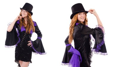 Güzel kız mor karnaval giyim ve üzerinde beyaz izole şapka