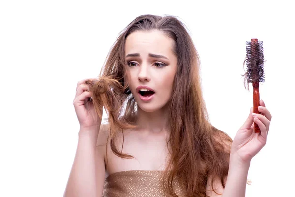 Woman in beauty concept combing hair loosig loss — Stock Photo, Image