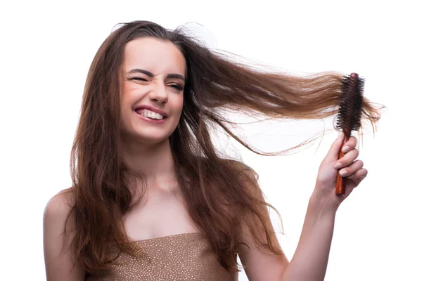 Frau in Schönheitskonzept kämmt Haarausfall — Stockfoto