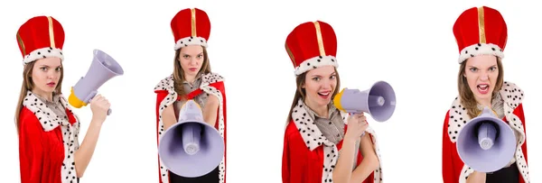 Drottning affärsman med högtalare i roligt koncept — Stockfoto