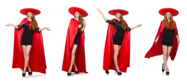 Kırmızı elbiseli Meksikalı kadın beyaz üzerine