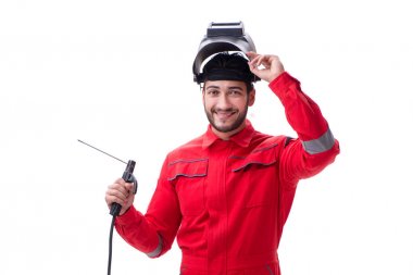 Bir kaynak silah elektrot ve kask isolat ile genç tamirci