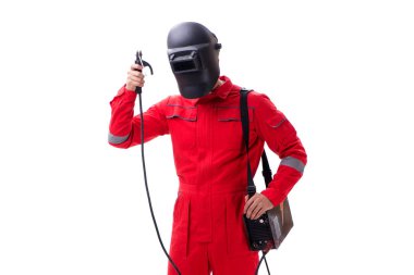 Bir kaynak silah elektrot ve kask isolat ile genç tamirci