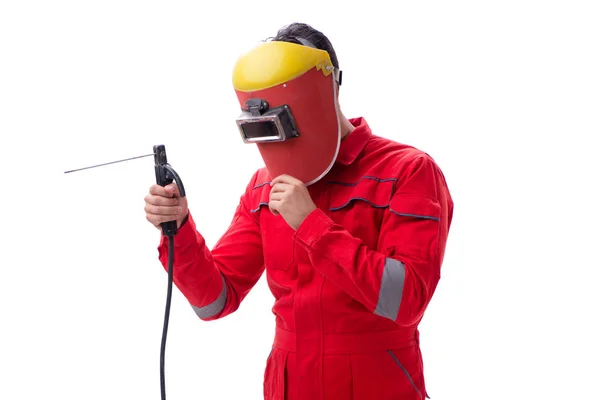 Jeune réparateur avec une électrode de pistolet à souder et un isolat casque — Photo