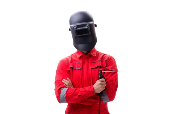 Young repairman with a welding gun electrode and a helmet isolat — Stock Photo, Image