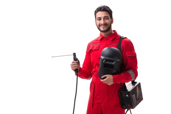 Jeune réparateur avec une électrode de pistolet à souder et un isolat casque — Photo
