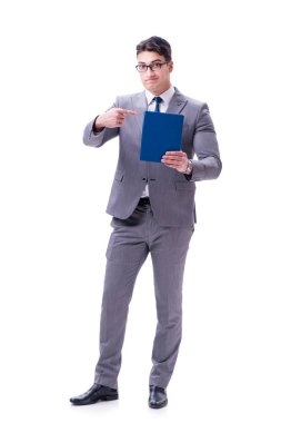 Beyaz arka planda izole edilmiş bir kitap okuyan işadamı öğrencisi