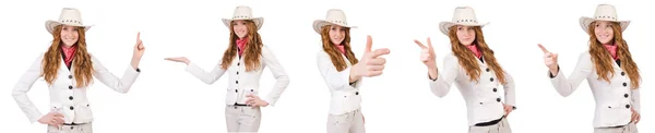 Jovem apontando cowgirl isolado no branco — Fotografia de Stock