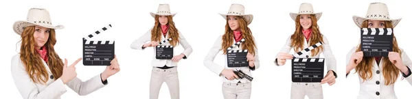 Fiatal cowgirl Film Board elszigetelt fehér — Stock Fotó