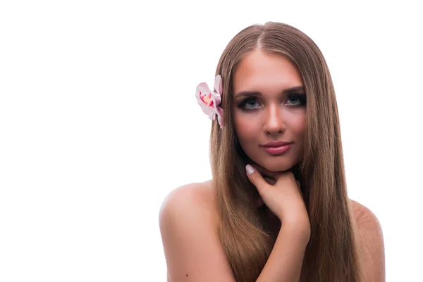 Hermosa joven modelo femenino con maquillaje posando aislado en whi —  Fotos de Stock