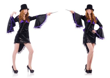 Güzel kız mor karnaval giyim ve üzerinde beyaz izole şapka