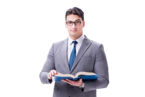 Üzletember diák olvas egy könyvet elszigetelt fehér háttér — Stock Fotó