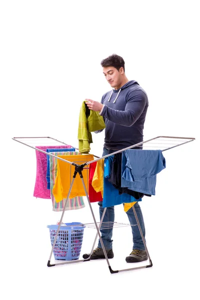 Husband man doing laundry isolated on white — Stock Photo, Image