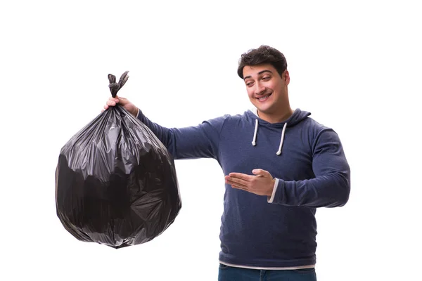 Hombre con saco de basura aislado en blanco —  Fotos de Stock