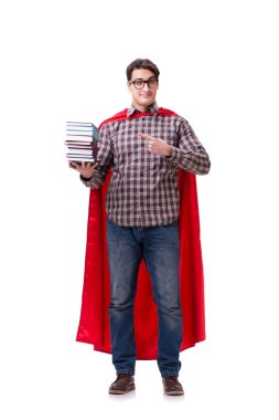 Kitapları beyaza ayrılmış süper kahraman öğrenci.