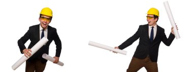 Beyaz üzerine çizimler yapan komik bir mimar.