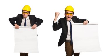 Beyaz üzerine çizimler yapan komik bir mimar.