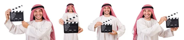 Arabische man met film klepel op wit — Stockfoto