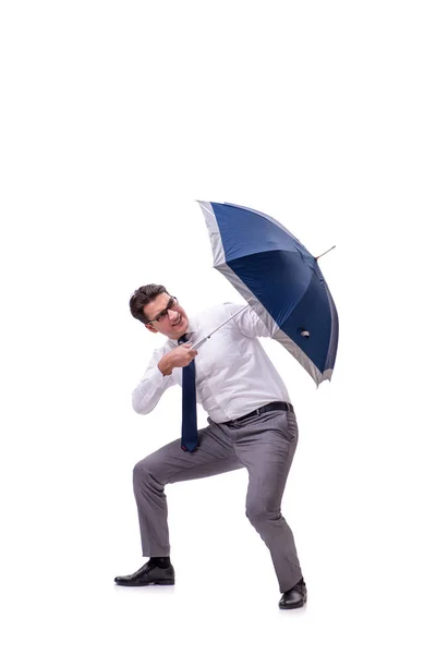 Jovem empresário com guarda-chuva isolado em branco — Fotografia de Stock