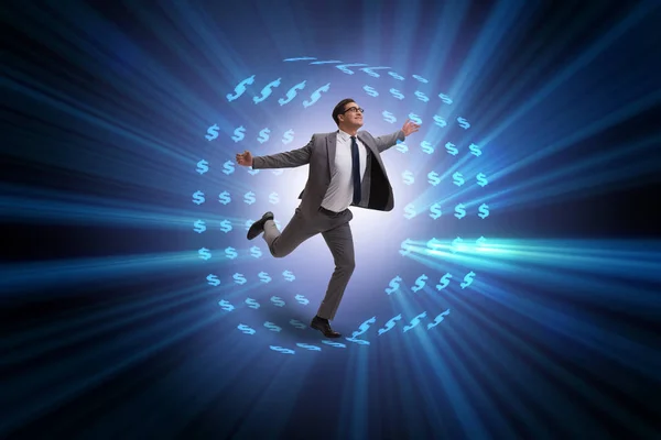 Businessman in hamster wheel chasing dollars — Stock Photo, Image