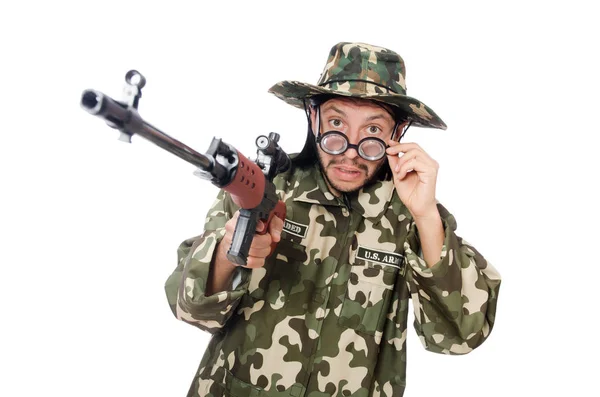 Soldado con armas aisladas en blanco —  Fotos de Stock