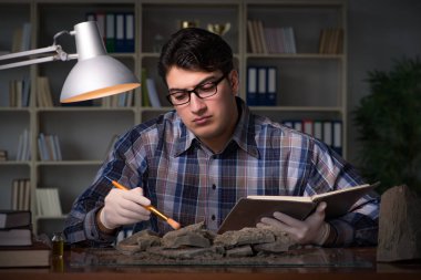 Arkeolog geç saatlere kadar ofiste çalışıyor.