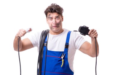 Beyaz üzerine izole komik elektrikçi