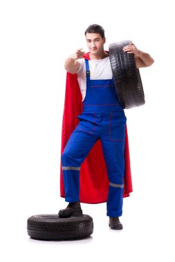 Lastik izole edilmiş beyaz arka planı olan süper kahraman.