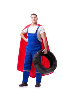 Lastik izole edilmiş beyaz arka planı olan süper kahraman.