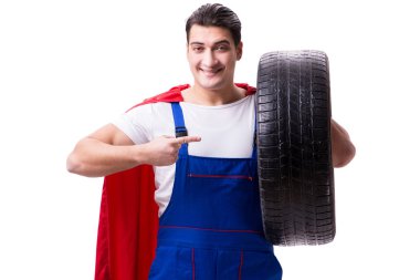 Lastik izole edilmiş beyaz arka planı olan süper kahraman.