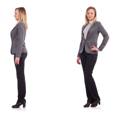 Gri elbiseli beyaz izole işkadını