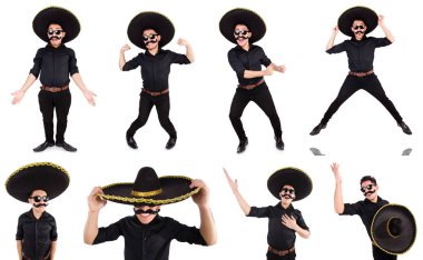 Meksika şapkası takan komik bir adam beyaz şapkalı.