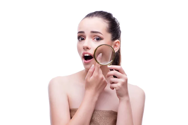 Woman in beauty concept with magnifying glass aging wrinkles — Stock Photo, Image