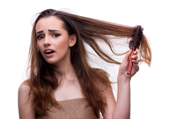 Woman in beauty concept combing hair loosig loss — Stock Photo, Image