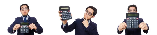 Homem engraçado com calculadora isolada em branco — Fotografia de Stock