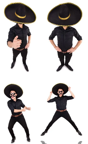 Funny man wearing mexican sombrero hat isolated on white — Stock Photo, Image