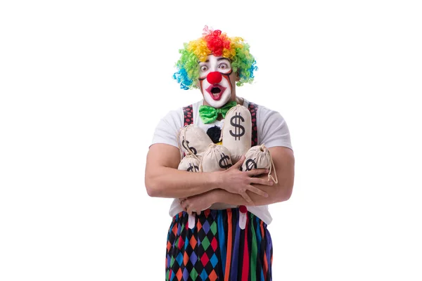 Смешной клоун с мешками денег мешки изолированы на белом фоне — стоковое фото