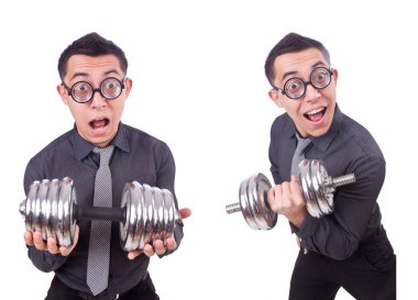 beyaz izole dumbbells ile komik iş adamı