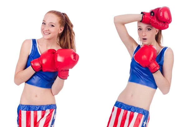 Kvinna boxare i uniform med amerikanska symboler — Stockfoto