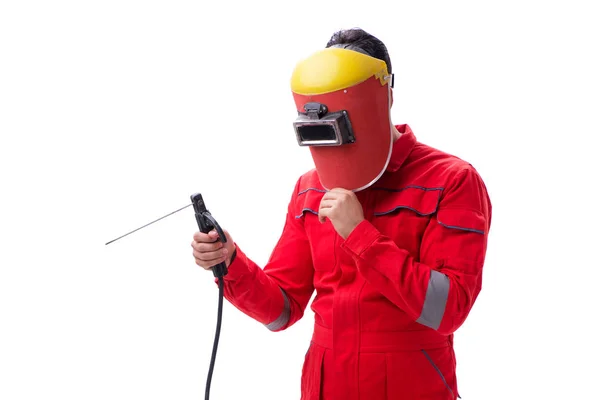 Jonge reparateur met een lassen pistool-indicatorelektrode en een helm isolat — Stockfoto