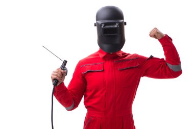 Bir kaynak silah elektrot ve kask isolat ile genç tamirci