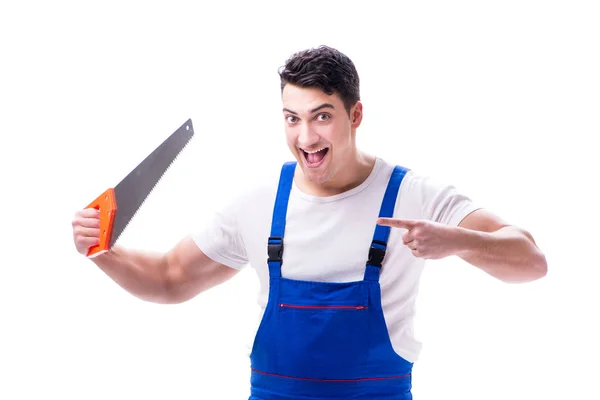 Man repairman with hand saw on white background isolated — Stock Photo, Image