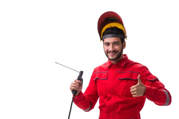 Reparador joven con un electrodo de pistola de soldadura y un casco aislado —  Fotos de Stock