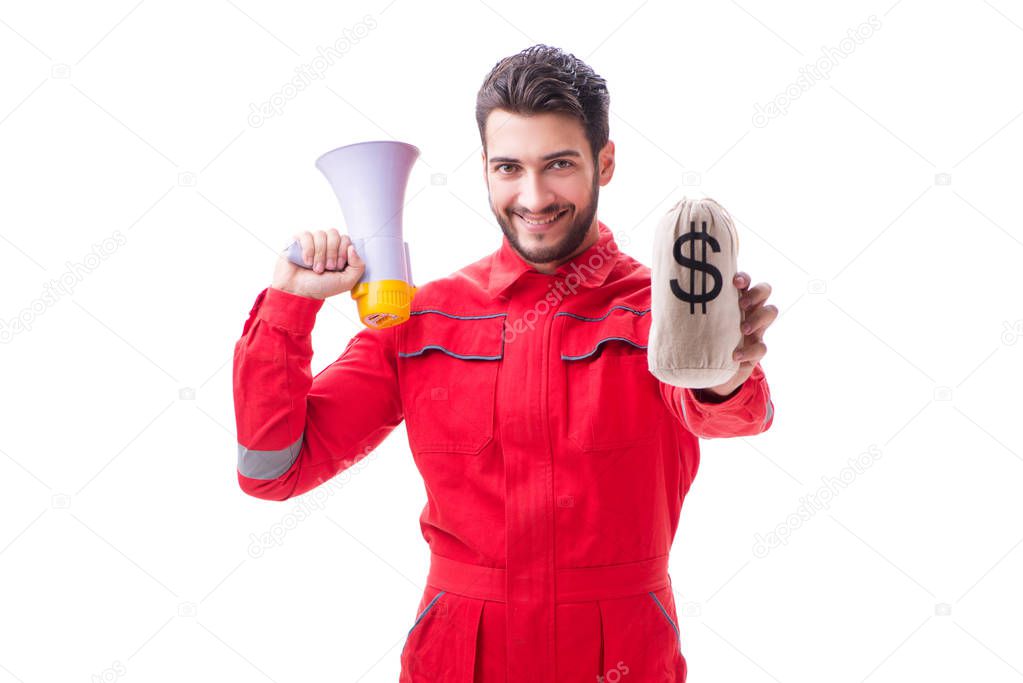Young repairman with a megaphone and a money bag isolated on whi