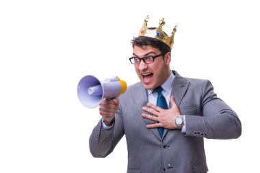 Beyaz arka plan üzerinde izole bir megafon ile Kral işadamı