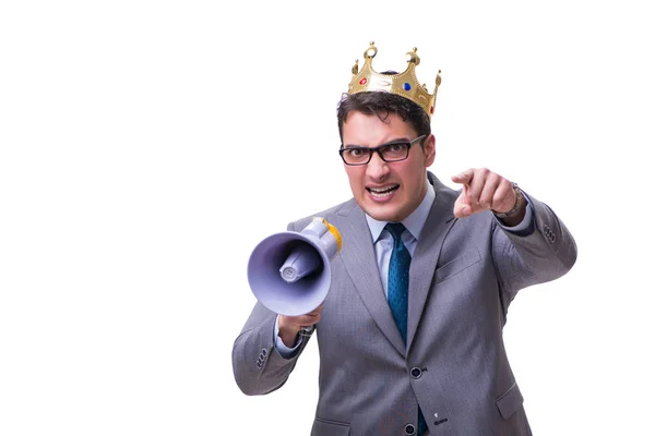 King businessman with a megaphone isolated on white background — Stock Photo, Image