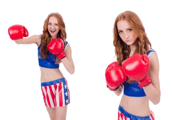 Žena boxer v uniformě se symboly USA — Stock fotografie