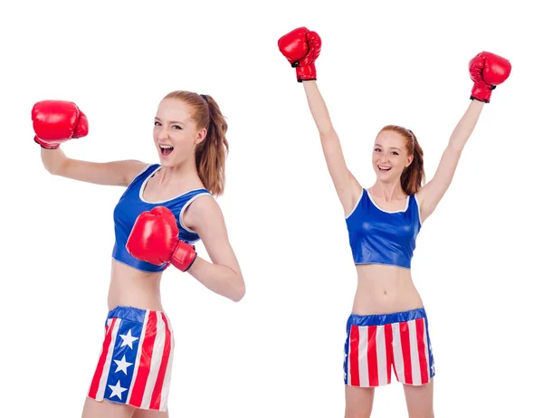 Vrouw bokser in uniform met Amerikaanse symbolen — Stockfoto