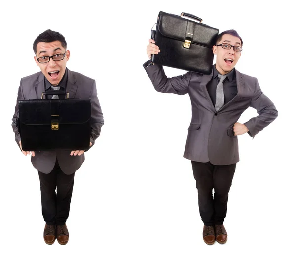 Young man holding briefcase isolated on white — Stock Photo, Image